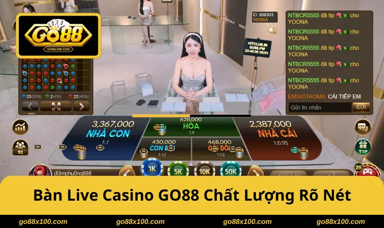 Trải Nghiệm Live Casino GO88 Đỉnh Cao Với Dealer Chuyên Nghiệp 3917 Bàn Live Casino GO88 hiển thị video, timer rõ