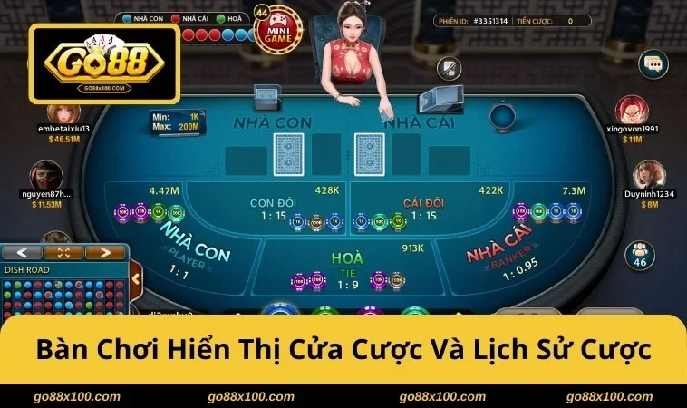 Bàn Baccarat GO88 hiển thị cửa cược, timer và lịch sử cược