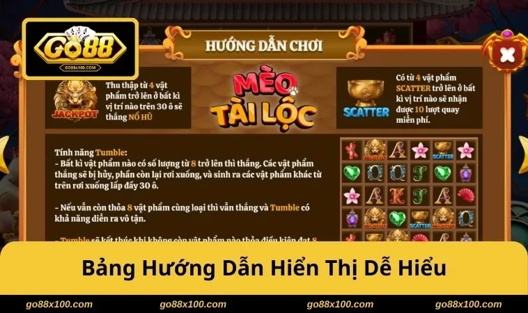 Mèo Tài Lộc GO88 Slot May Mắn Tumble Cuốn, Thưởng Rơi Liên Tục 3911 Bảng trả thưởng luôn hiển thị rõ, dễ hiểu