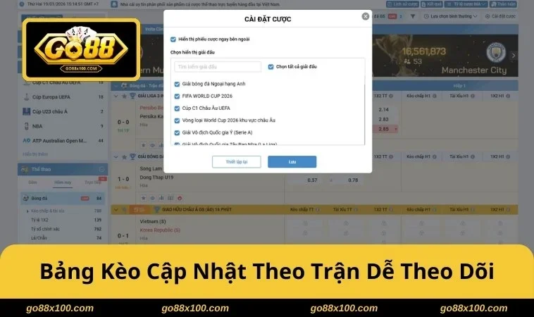 Bảng kèo cập nhật theo trận, theo dõi dễ dàng