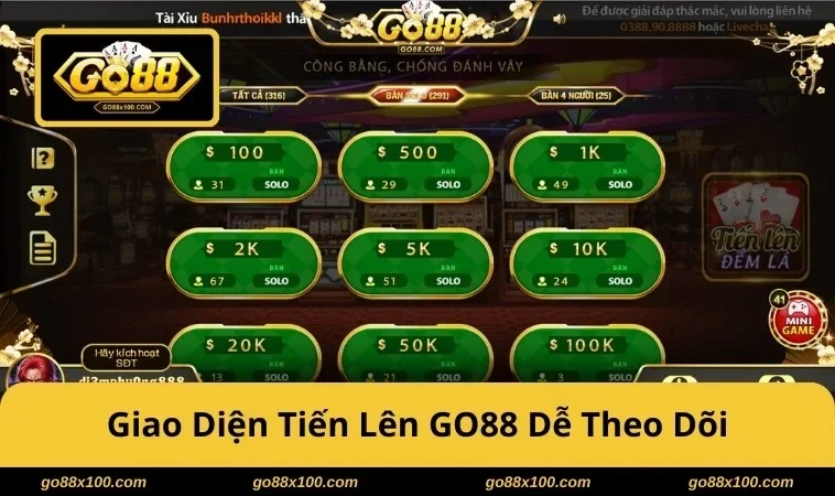 Giao diện Tiến Lên GO88 rõ ràng, dễ theo dõi